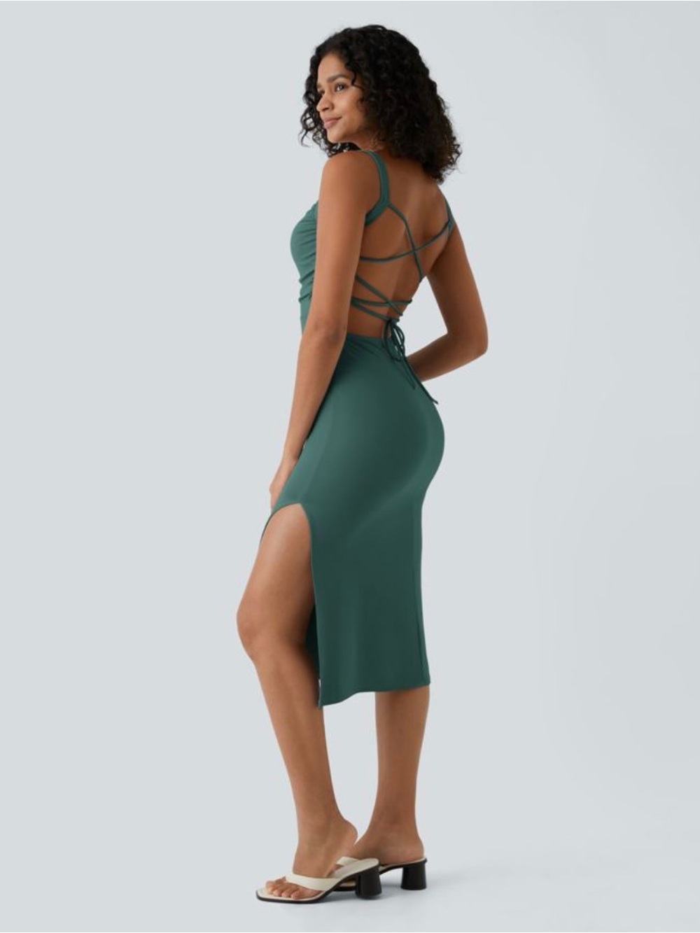 Halara Ruched Lace Up Bodycon Midi Casual Blue Spruce Dress With Leg Slit XS